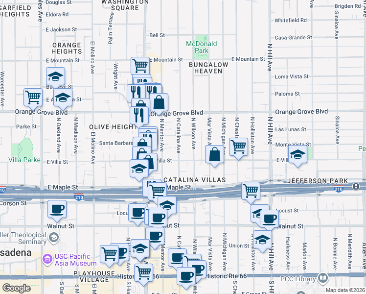 map of restaurants, bars, coffee shops, grocery stores, and more near 540 North Catalina Avenue in Pasadena
