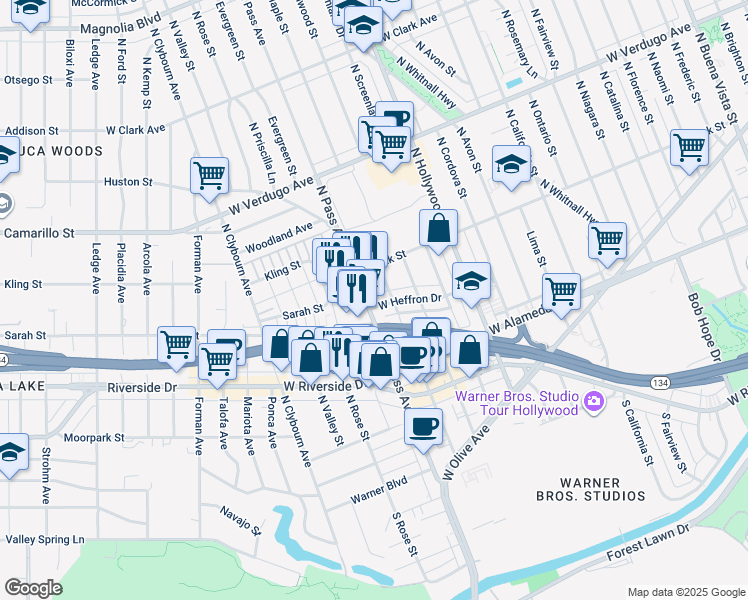 map of restaurants, bars, coffee shops, grocery stores, and more near 4013 West Heffron Drive in Burbank