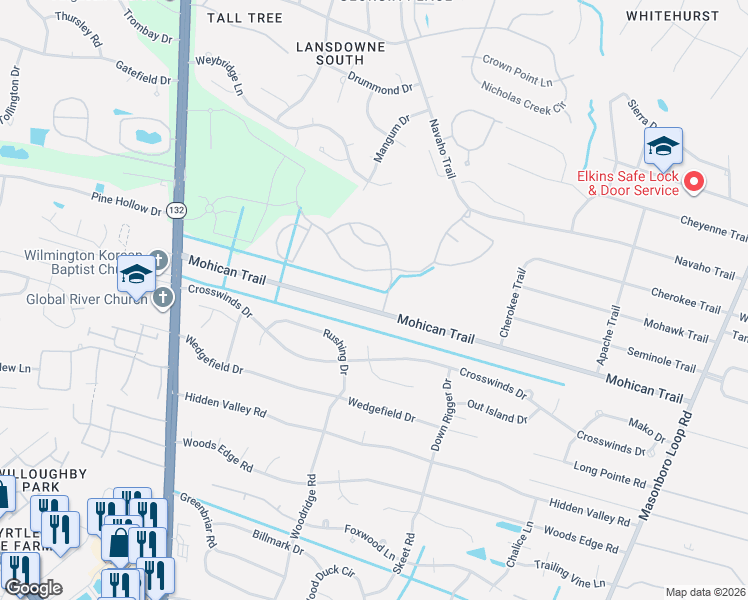 map of restaurants, bars, coffee shops, grocery stores, and more near 506 Mohican Trail in Wilmington
