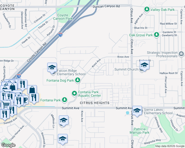 map of restaurants, bars, coffee shops, grocery stores, and more near 15783 Ralph Lane in Fontana