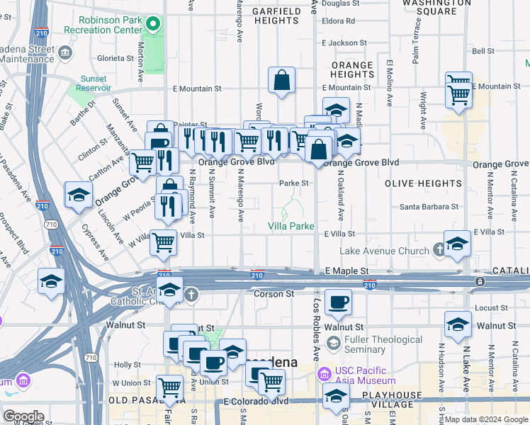 map of restaurants, bars, coffee shops, grocery stores, and more near 587 Garfield Avenue in Pasadena
