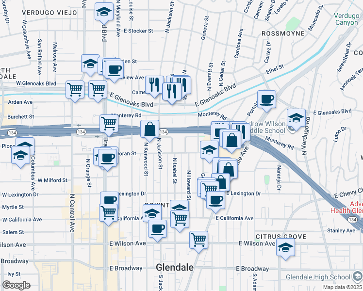 map of restaurants, bars, coffee shops, grocery stores, and more near 611 North Howard Street in Glendale