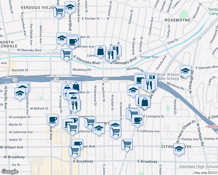 map of restaurants, bars, coffee shops, grocery stores, and more near 607 North Isabel Street in Glendale