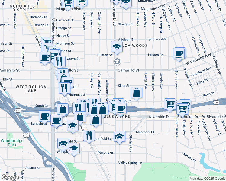 map of restaurants, bars, coffee shops, grocery stores, and more near 10611 Hortense Street in Los Angeles