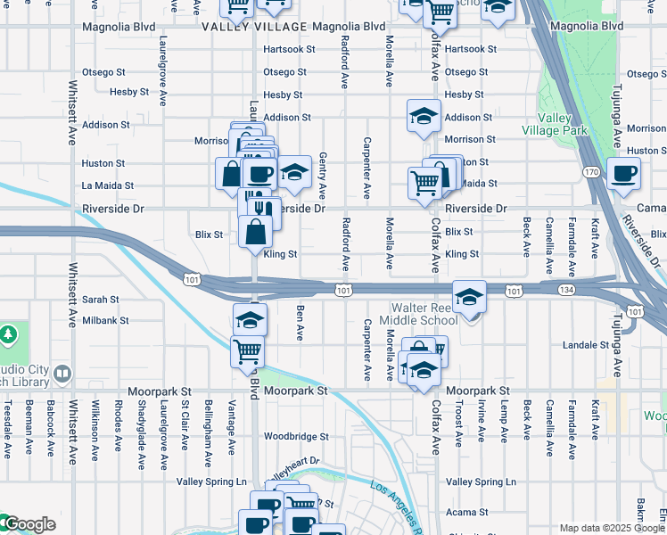map of restaurants, bars, coffee shops, grocery stores, and more near 4640 Radford Avenue in Los Angeles