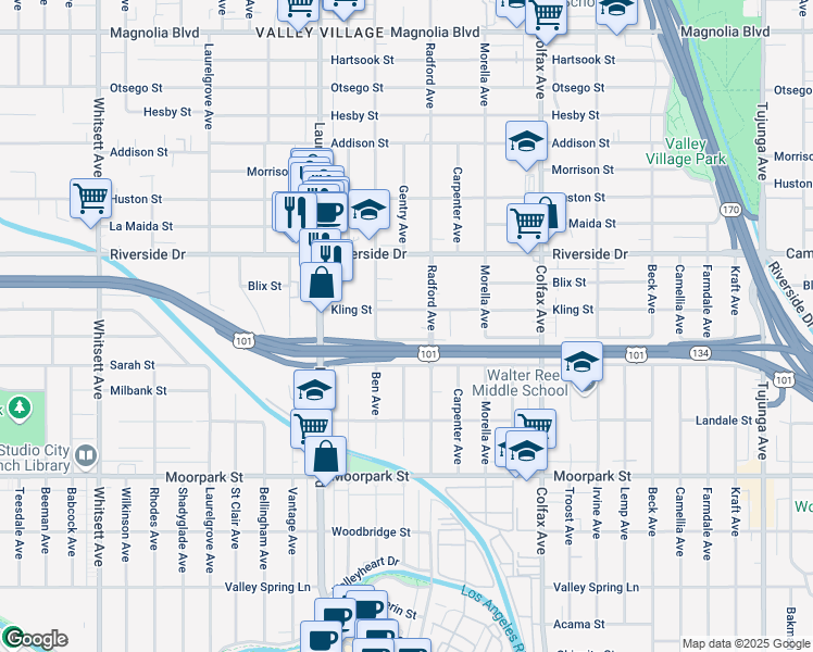 map of restaurants, bars, coffee shops, grocery stores, and more near 11940 Kling Street in Los Angeles