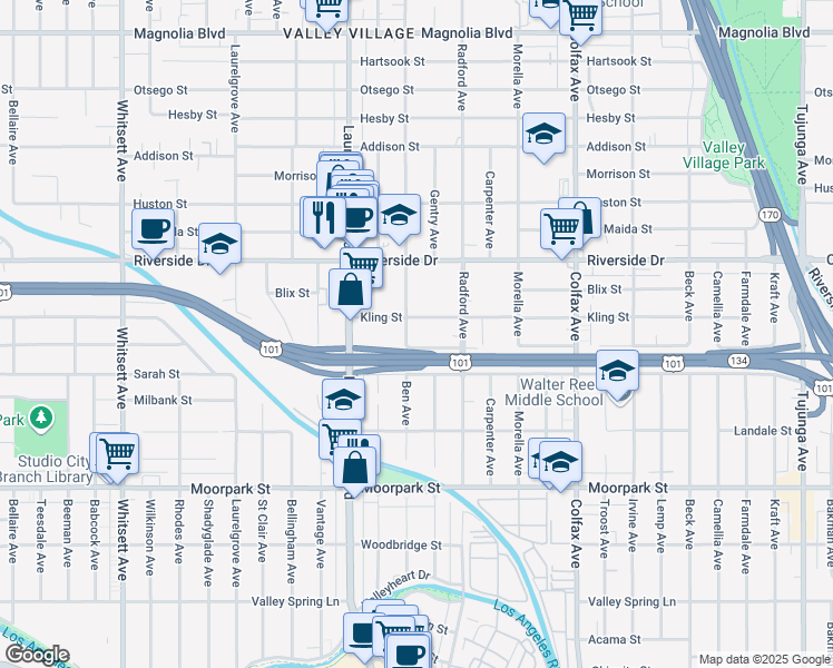 map of restaurants, bars, coffee shops, grocery stores, and more near 11940 Kling Street in Los Angeles