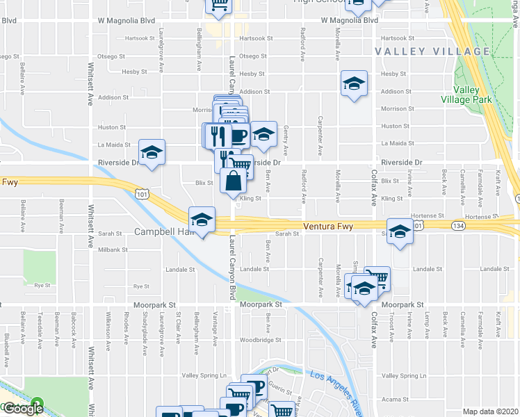 map of restaurants, bars, coffee shops, grocery stores, and more near 12014 Kling Street in Los Angeles
