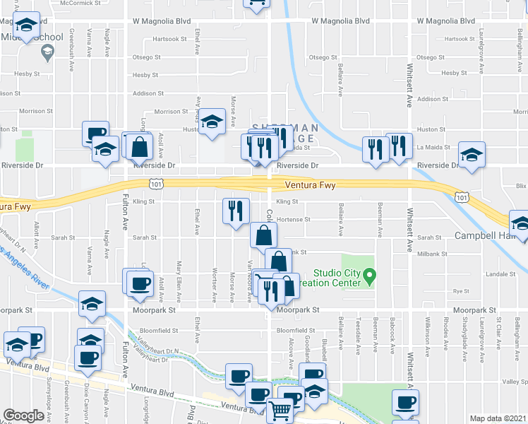 map of restaurants, bars, coffee shops, grocery stores, and more near 4632 Van Noord Avenue in Los Angeles