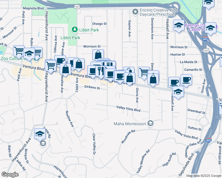 map of restaurants, bars, coffee shops, grocery stores, and more near 4604 Woodley Avenue in Los Angeles