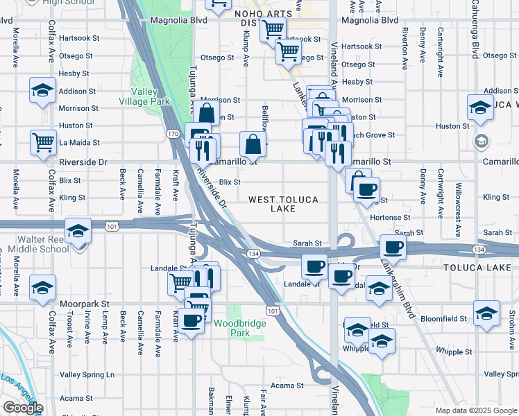 map of restaurants, bars, coffee shops, grocery stores, and more near 11208 Kling Street in Los Angeles