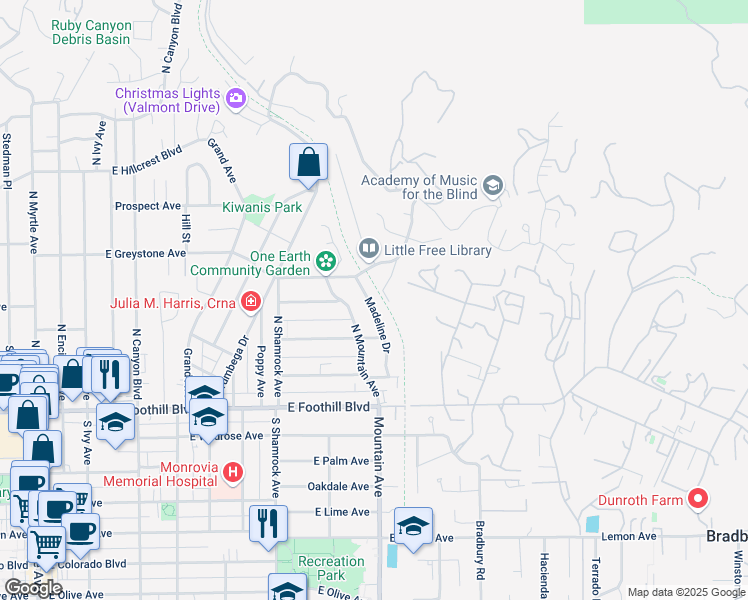map of restaurants, bars, coffee shops, grocery stores, and more near 238 Madeline Drive in Monrovia
