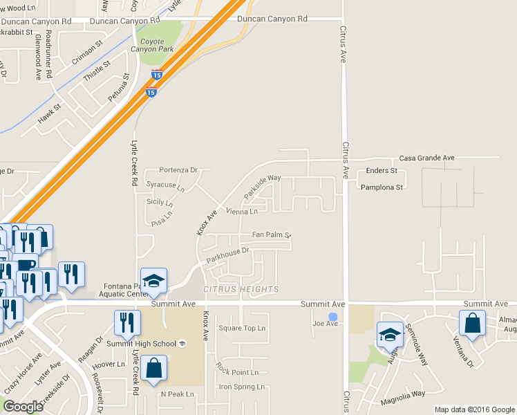 map of restaurants, bars, coffee shops, grocery stores, and more near 15848 Vienna Lane in Fontana
