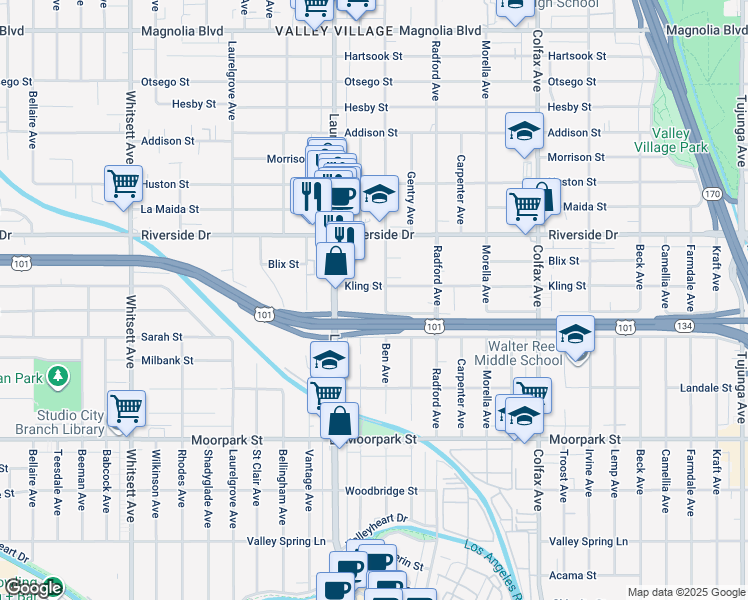 map of restaurants, bars, coffee shops, grocery stores, and more near 12014 Kling St in Valley Village