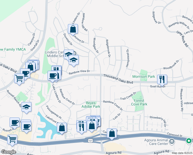 map of restaurants, bars, coffee shops, grocery stores, and more near 5630 Hurford Court in Agoura Hills