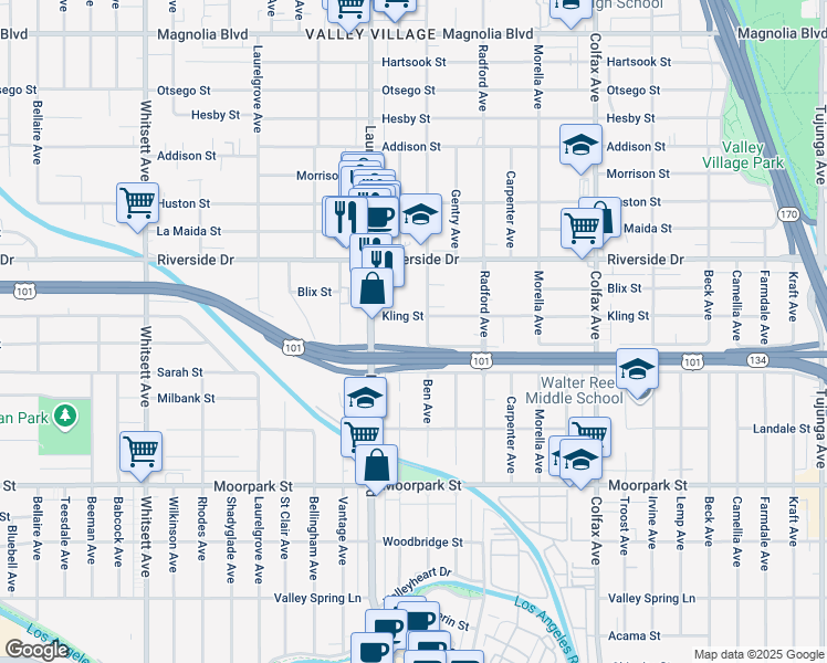 map of restaurants, bars, coffee shops, grocery stores, and more near 12014 Kling Street in Los Angeles