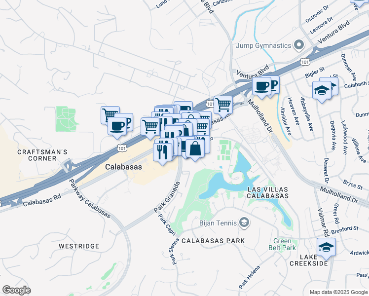 map of restaurants, bars, coffee shops, grocery stores, and more near 4774 Park Granada in Calabasas