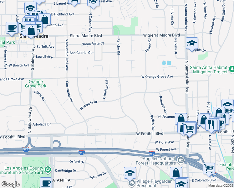 map of restaurants, bars, coffee shops, grocery stores, and more near 1405 Rancho Road in Arcadia