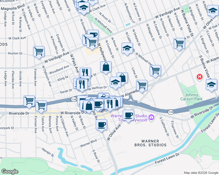 map of restaurants, bars, coffee shops, grocery stores, and more near West Heffron Drive in Burbank