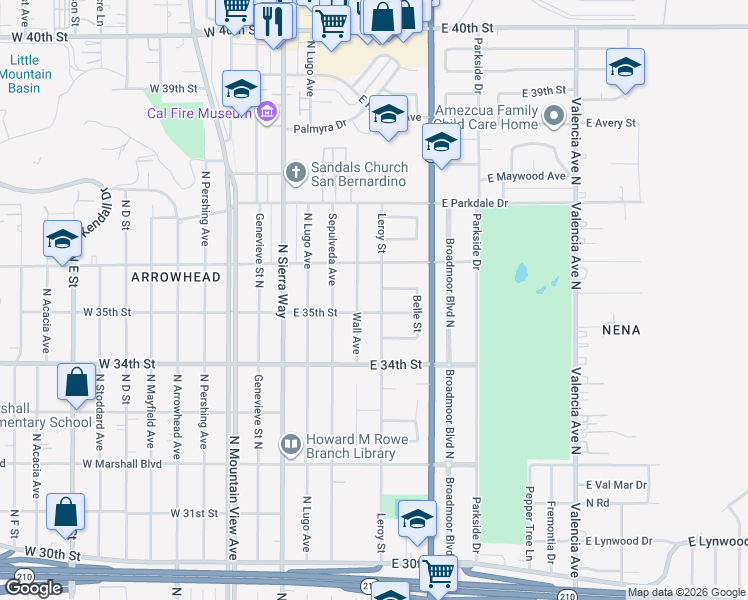 map of restaurants, bars, coffee shops, grocery stores, and more near 3524 Leroy Street in San Bernardino