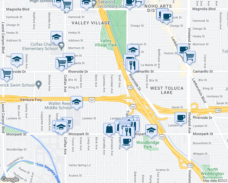 map of restaurants, bars, coffee shops, grocery stores, and more near 4646 Farmdale Avenue in Los Angeles