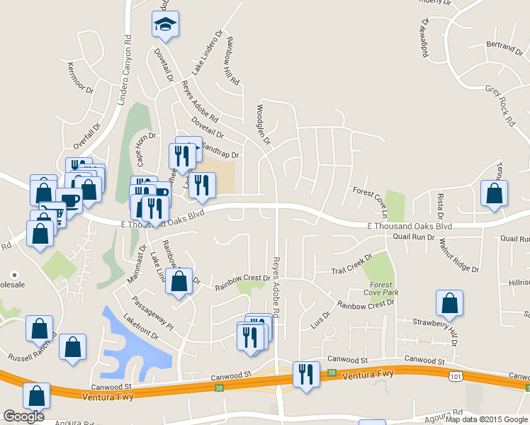 map of restaurants, bars, coffee shops, grocery stores, and more near 5630 Hurford Court in Agoura Hills