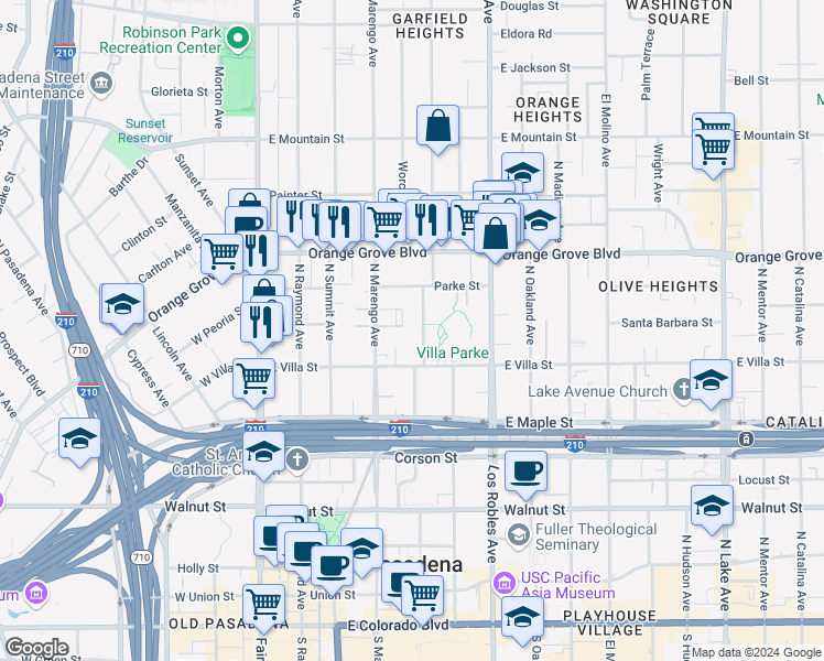 map of restaurants, bars, coffee shops, grocery stores, and more near 589 Garfield Avenue in Pasadena