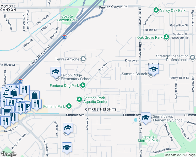 map of restaurants, bars, coffee shops, grocery stores, and more near 15783 Ralph Lane in Fontana