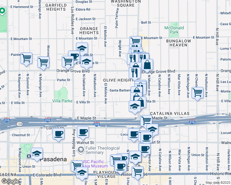 map of restaurants, bars, coffee shops, grocery stores, and more near 724 Santa Barbara Street in Pasadena