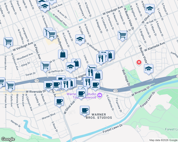 map of restaurants, bars, coffee shops, grocery stores, and more near 3415 West Alameda Avenue in Burbank
