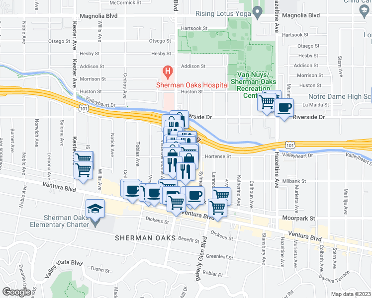 map of restaurants, bars, coffee shops, grocery stores, and more near 4617 Tilden Avenue in Los Angeles
