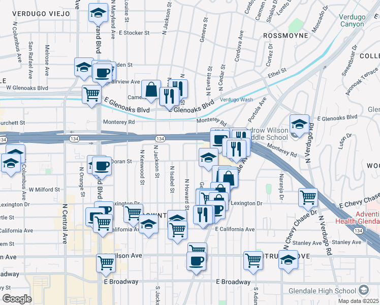 map of restaurants, bars, coffee shops, grocery stores, and more near 618 North Howard Street in Glendale