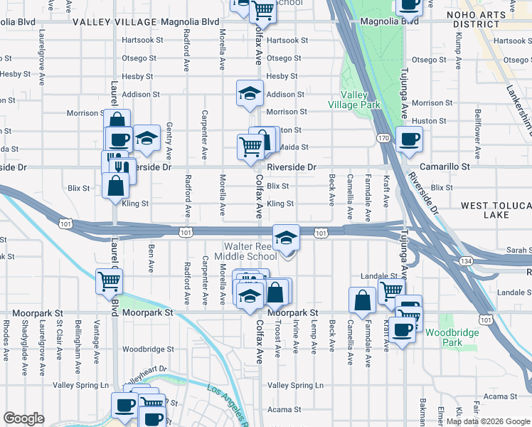 map of restaurants, bars, coffee shops, grocery stores, and more near 4630 Colfax Avenue in Los Angeles