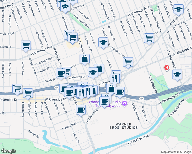 map of restaurants, bars, coffee shops, grocery stores, and more near 230 North Hollywood Way in Burbank
