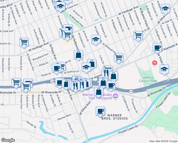 map of restaurants, bars, coffee shops, grocery stores, and more near 230 North Hollywood Way in Burbank