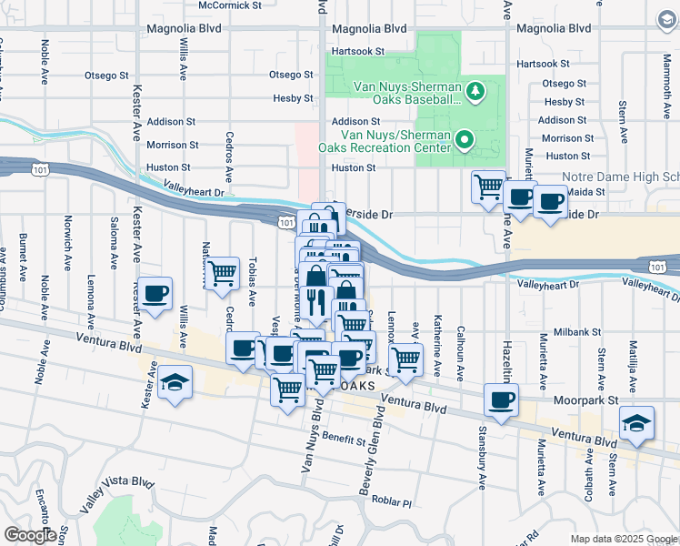 map of restaurants, bars, coffee shops, grocery stores, and more near 4617 Tilden Avenue in Los Angeles