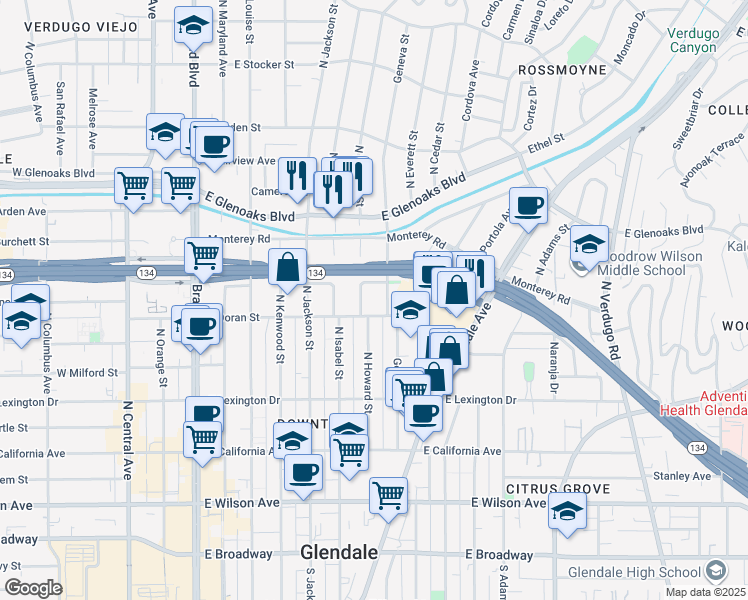 map of restaurants, bars, coffee shops, grocery stores, and more near 618 North Howard Street in Glendale
