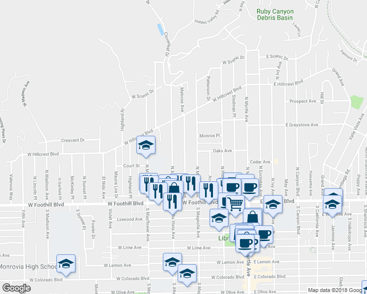 map of restaurants, bars, coffee shops, grocery stores, and more near 231 Melrose Avenue in Monrovia