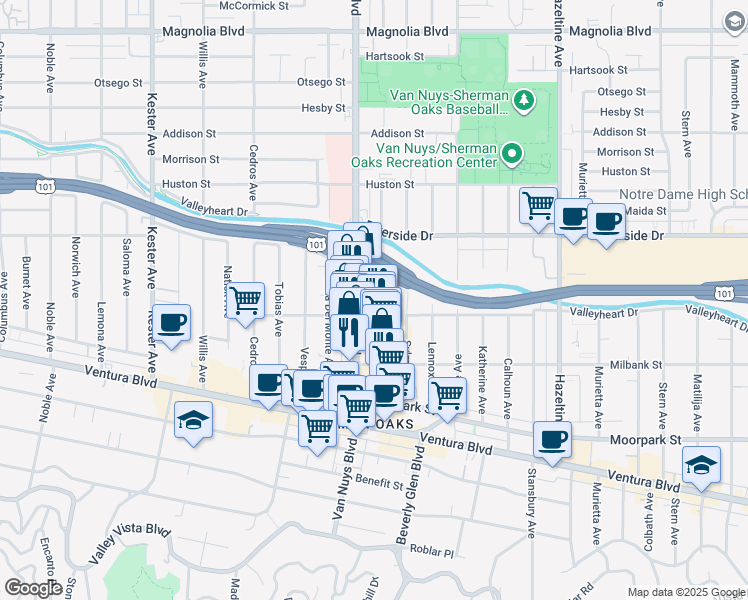 map of restaurants, bars, coffee shops, grocery stores, and more near 4617 Tilden Avenue in Los Angeles