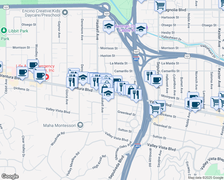 map of restaurants, bars, coffee shops, grocery stores, and more near 15531 Ventura Boulevard in Los Angeles