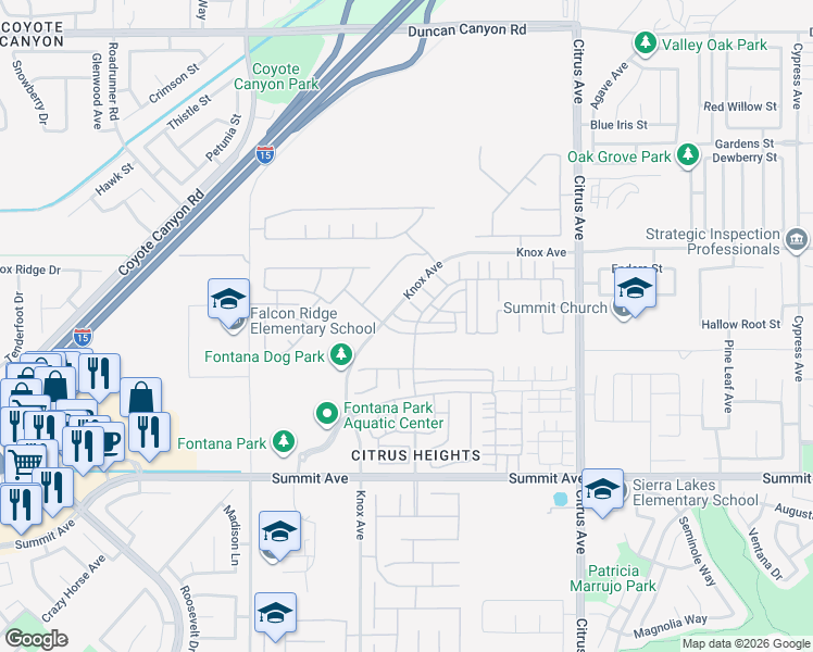 map of restaurants, bars, coffee shops, grocery stores, and more near 15783 Ralph Lane in Fontana