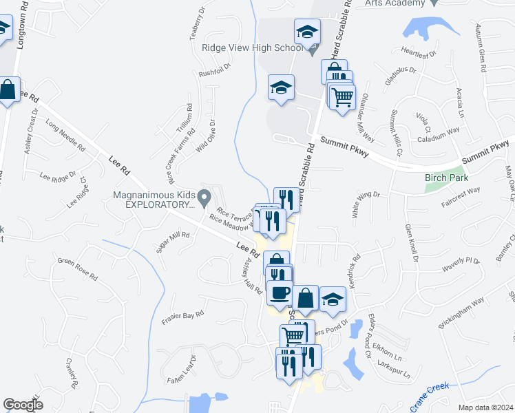 map of restaurants, bars, coffee shops, grocery stores, and more near 101 Rice Terrace Drive in Columbia