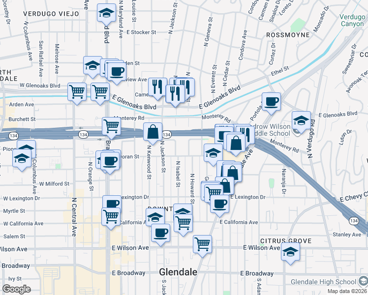 map of restaurants, bars, coffee shops, grocery stores, and more near 611 North Howard Street in Glendale