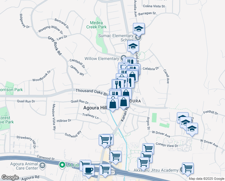 map of restaurants, bars, coffee shops, grocery stores, and more near 29125 Thousand Oaks Boulevard in Agoura Hills