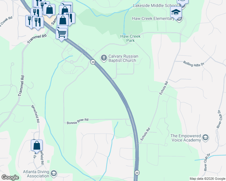map of restaurants, bars, coffee shops, grocery stores, and more near 2120 Buford Highway in Cumming