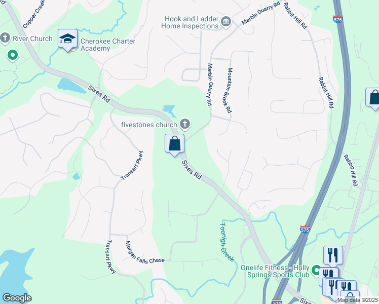 map of restaurants, bars, coffee shops, grocery stores, and more near 1415 Sixes Road in Canton