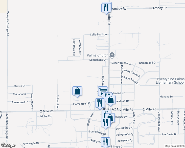 map of restaurants, bars, coffee shops, grocery stores, and more near 2 Samarkand Drive in Twentynine Palms