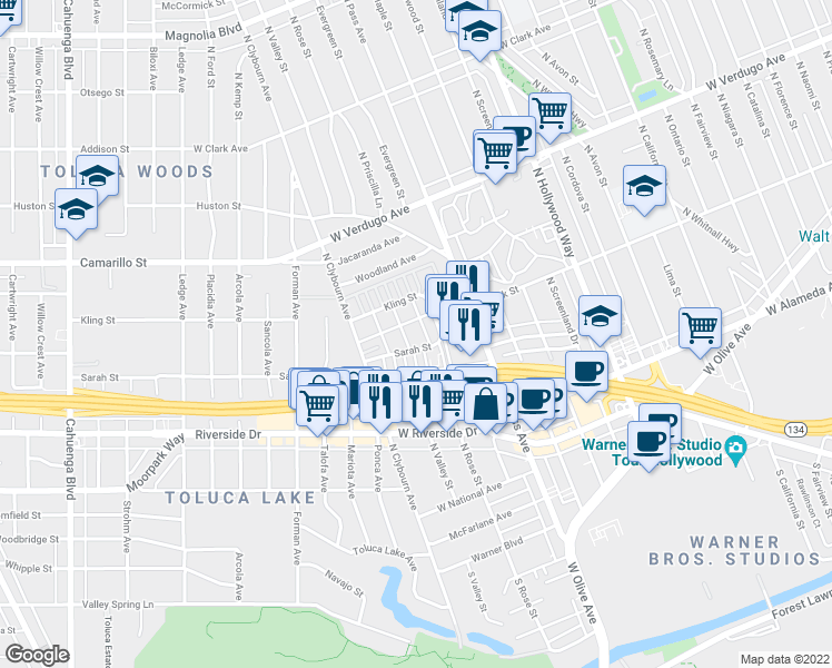 map of restaurants, bars, coffee shops, grocery stores, and more near 4339 West Sarah Street in Burbank