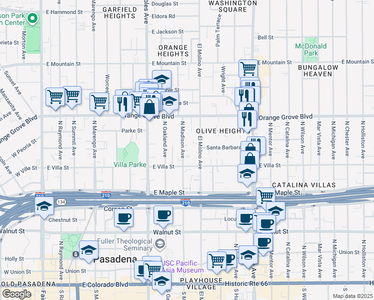 map of restaurants, bars, coffee shops, grocery stores, and more near 532 North Madison Avenue in Pasadena