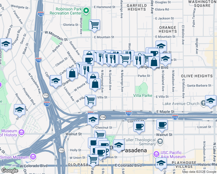 map of restaurants, bars, coffee shops, grocery stores, and more near 557 North Summit Avenue in Pasadena